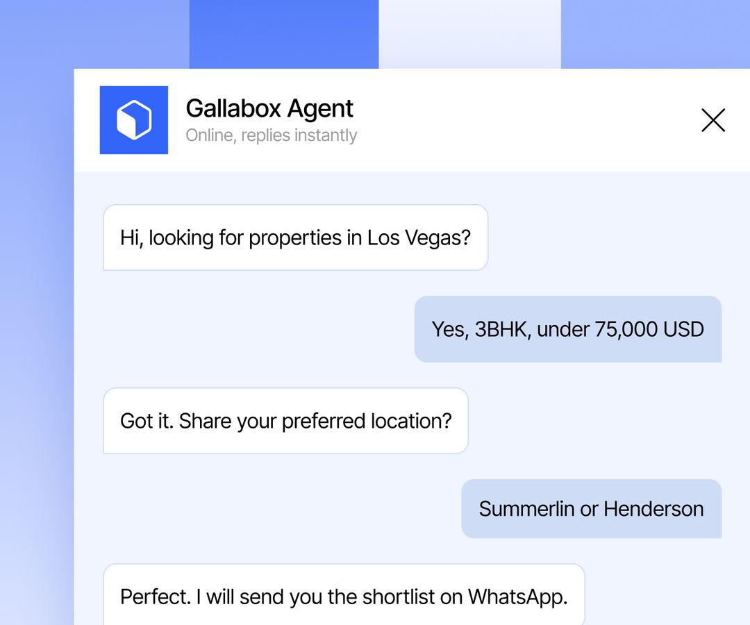 Gallabox AI agent qualifying a lead's intent and budget in chat